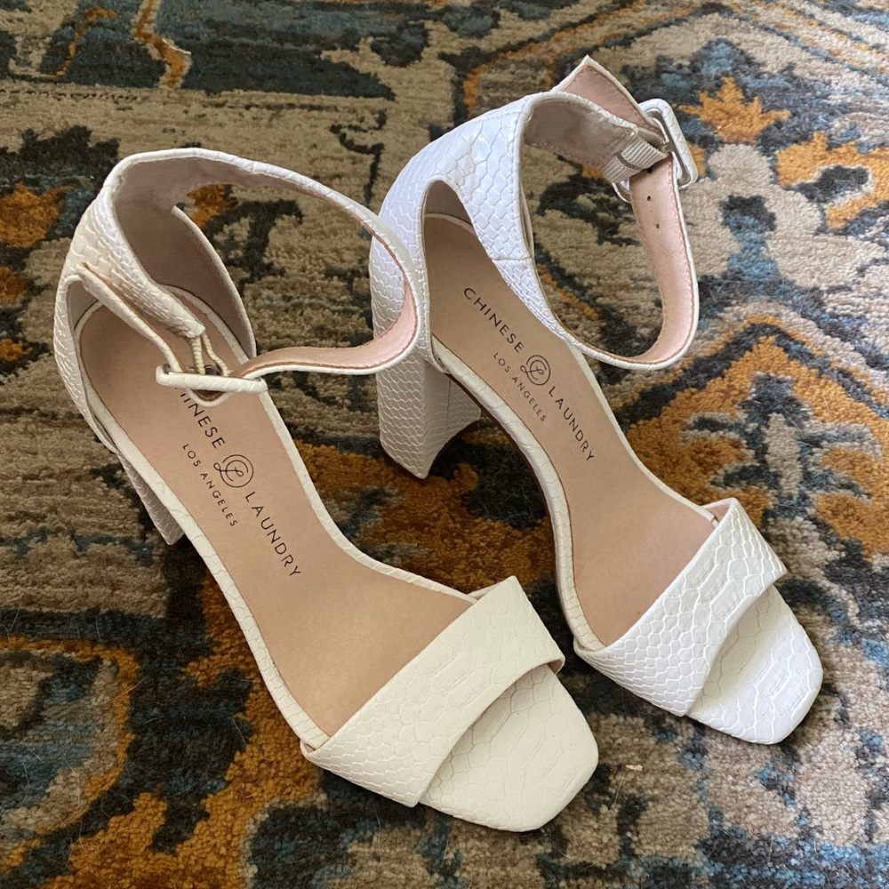 Chinese Laundry Jettie White Snakeskin Block Heel